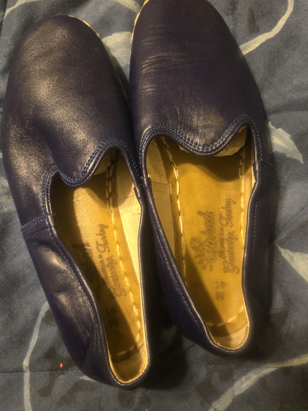 Sabah, Sabah Blue Leather Slip-Ons with Mustard Insole